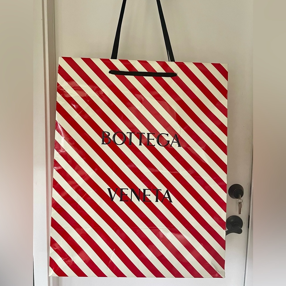 Bottega Veneta Giant Striped waxed paper shopping bag, has corner wear, 27”x22” - Picture 5 of 12